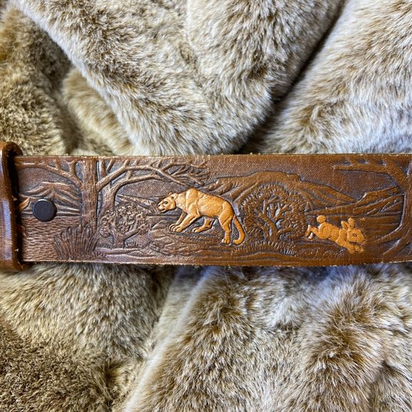 Brown Leather Belt w/ Carved Wildlife Scene | 34 - Picture 6 of 7